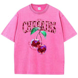 Flytonn-Crystal Cherries Washed T-Shirts Women Cotton Tees Fruit Letter Print Tops Oversize Distressed Short Sleeve Summer Woman Clothes