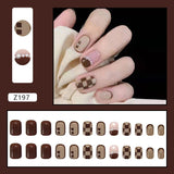 Flytonn- 24pcs/box Fake Nails Press on Short Reusable Vintage Coffee Checkerboard Artificial Pink False Tipsy Stick-on Nails Tips Art