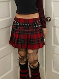 Flytonn Harajuku Y2k Jk Skirt Women Mall Goth Cyber Punk Streetwear Eyelet Patchwork High Waist Red Plaid Pleated Skirt Clubwear