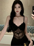 Flytonn-back to school fit nyc outfit Sexy Black Lace Long Dresses for Women Summer New Hollow Out High Split Bodycon Camisole Evening Party Dress Prom Robe Vestido