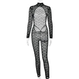 Flytonn Lace Backless Sexy Jumpsuits Women 2025 Fashion Rompers Turtleneck Long Sleeve See Through Nightclub Party Overalls