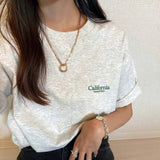 Flytonn-Retro sports style outfit streetwear 90s fashion California General Store Pocket Letters Printing Women T Shirts Summer Light Gray Kpop Loose Cotton Tops Short Sleeve Y2K Tees