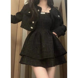 Flytonn-Fall Outfits Women Outwear Streetwear -Fashion Temperament Suit Dress Female Clothes Tight Waist Suspender Skirt Pettiskirt Short Coat Socialite Two Piece Set Woman