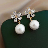 Flytonn-New Design Sweet Rhinestone Flower Stud Earrings for Women Elegant Imitation Pearl Crystal Zircon Earring Korean Party Jewelry