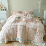 Cifeeo-Pink French Princess Wedding Romantic Pleat Lace Ruffles Bedding Set Soft Cozy Korean Girls Duvet Cover Set Bed Sheet Pillowcase