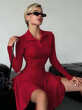 Flytonn Lapel Fashion Autumn Mini Dress Female High Waist Solid Slim Patchwork Skinny Casual Party Dress Women's Bodycon Dress