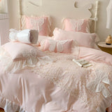 Cifeeo-French Romantic Lace Patchwork Ruffles With Bow Decoration Bedding Set Soft Cozy Pink Girls Duvet Cover Set Bed Sheet Pillowcase