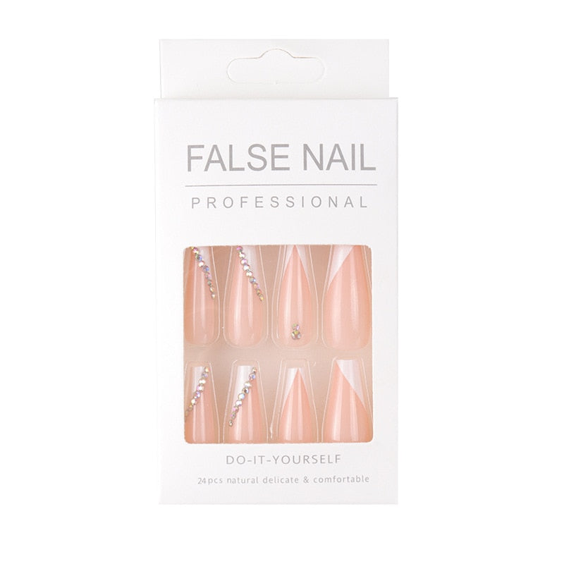 Flytonn 24Pcs Long Ballet French Girls Nail Art White Fake Nails Manicure Press On Nails False With Designs Artificial Wearing Reusable