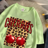 Flytonn-Cherries Cotton T Shirts Women Cherry Leopard Prints Oversized T-Shirts Casual O-Neck Short Sleeve Tops Summer Woman Clothes