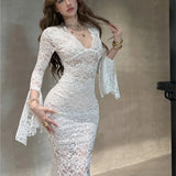 Flytonn-Sexy Bodycon Lace Long Dresses for Women V-neck Flare Sleeves Slim Mermaid Evening Party Dress Club Prom Robe Ladies Vestidos