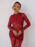 Flytonn Sexy Lace See Through Splice Jumpsuit Set Basics Solid Color Skinny Mini Skirt 2 Pices Set Summer Spicy Girl Set