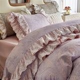 Cifeeo-Purple Vintage Digital Printing Double Layer Lace Ruffles Bedding Set 100S Egyptian Cotton Duvet Cover Set Bed Sheet Pillowcases