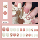 Flytonn- 24Pcs Short Square False Nail With Sticker Pink White Lattice Classic Artificial Fake Nails DIY Full Cover Tips Manicure Tool