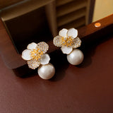 Flytonn-Korean New Fashion Jewelry White Enamel Camellia Zircon Pearl Earrings For girl Elegant Women's Daily Work Accessories