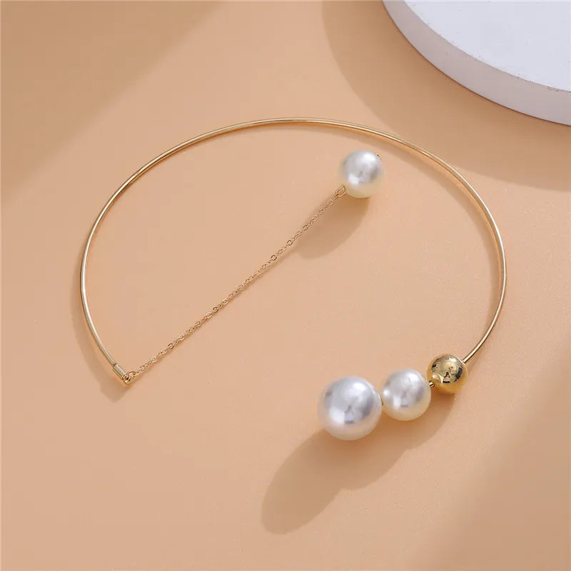 Flytonn New Geometric Simple Round Bead Opening Adjustable Metal Collar Cold Wind Imitation Pearl Necklace for Women Boho Jewelry Gift