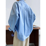 FLYTONN-Casual Simple Blue Oversized Shirt Blue White Slouchy Loose Silhouette Blouse