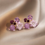 Flytonn-Purple Crystal Flower Stud Earrings for Woman Korean Fashion Jewelry Wedding Party Girl Elegance Set Accessories