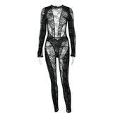 Flytonn Sexy Pearl Chains Backless Jumpsuits Women Lace See Through Long Sleeve Bodycon Party Clubwear Rompers One Piece Overalls