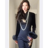 Flytonn-Autumn Winter Bodycon Velvet Dress Chinese Style Long Sleeve Stand Collar Embroidery High Split Party Dresses Female Vestidos