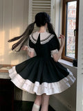 FLYTONN-Black Dress Women Bow Japanese Cute Lolita Dress Women Sweet lace Puff Sleeve Student Dresses Party Sailor Collar Kawaii Dress