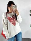 Flytonn-Christmas Thanksgiving Gift New Year's Eve Casual Outfits Simple Heart Printed Chic Round Neck Woman Knitted Sweater Versatile Full Sleeve Casual Pullover 2024 New Lady Commuter Wear