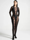 Flytonn Sexy Pearl Chains Backless Jumpsuits Women Lace See Through Long Sleeve Bodycon Party Clubwear Rompers One Piece Overalls