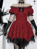 Flytonn Dark Academia Gothic Dress Women Harajuku Streetwear Fairycore Grunge Lace Patchwork Puff Sleeve High Waist Dress Female