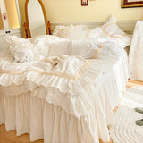 Cifeeo-French Double Layer Ruffles Embroidery Vintage Bedding Set, Cream White, 100% Cotton, Quilt Cover, Bed Skirt, Pillowcases