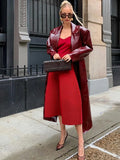 Flytonn-Christmas Thanksgiving Gift New Year's Eve Casual Outfits Wine Red Retro Woman Full Sleeves Long Leather Coat Fashion Solid Color With Belt Overcoat 2024 Autumn High Street Outerwear