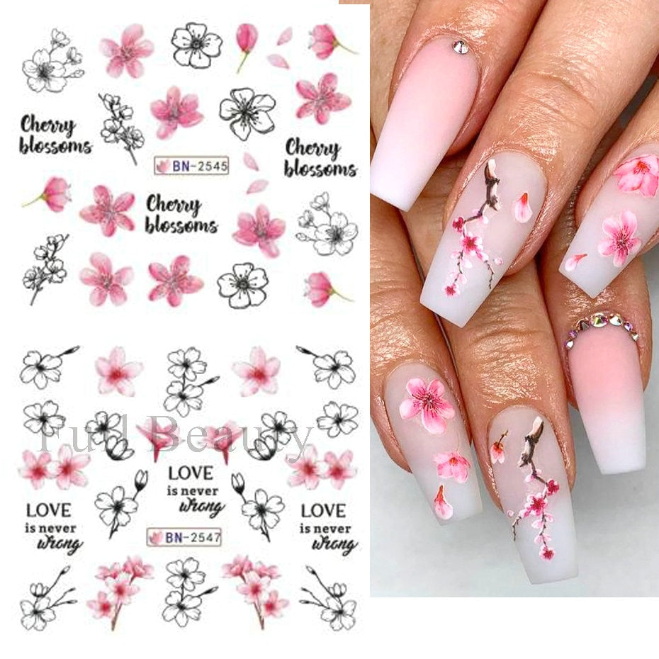 Flytonn 12pcs Cherry Blossom Water Nail Decals Pink Floral Petals Nail Art Stickers Set Sakura Flower Manicure Decoration Wraps