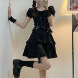 FLYTONN-Japanese Lolita Princess Black Sexy Bad Girl Mini Dress Woman Kawaii High Waist Puff Sleeve Lace Ruffles Party Y2k Streetwear