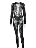 Flytonn Sexy Pearl Chains Backless Jumpsuits Women Lace See Through Long Sleeve Bodycon Party Clubwear Rompers One Piece Overalls