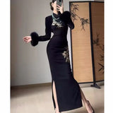 Flytonn-Autumn Winter Bodycon Velvet Dress Chinese Style Long Sleeve Stand Collar Embroidery High Split Party Dresses Female Vestidos