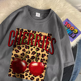 Flytonn-Cherries Cotton T Shirts Women Cherry Leopard Prints Oversized T-Shirts Casual O-Neck Short Sleeve Tops Summer Woman Clothes