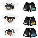 Flytonn- Streetwear y2k 90s Fashion -Summer Men Oversized Loose T-Shirt Gym Shorts Two Piece Set Cartoon Print Cotton Tees Suit Harajuku Baggy Sports Shorts Clothes