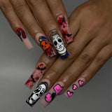 Flytonn-Halloween Nails 24Pcs Skull Finger Long Fasle Nails Wear Dark Style Funny Retro Trend Ghost Face Claws Halloween Fasle Nail For Women and Girls