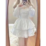 FLYTONN-Hot Girl Lace White Kawaii Lolita Dress Woman Cascading Ruffl Long Sleeve Fairy Dress Straps Birthday Party Quinceanera Dresses