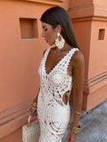 FLYTONN-White Knit Hollow Out V-neck Long Dress Sexy Sleeveless Backless High Waist Robes Female Summer Skinny Elegant Party Beachwear