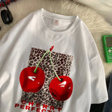 Flytonn-Cherry perfection T Shirt Women Leopard Prints Oversize Cotton T-Shirts Casual O-Neck Short Sleeve Tops Summer Woman Clothes