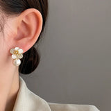 Flytonn-Korean New Fashion Jewelry White Enamel Camellia Zircon Pearl Earrings For girl Elegant Women's Daily Work Accessories