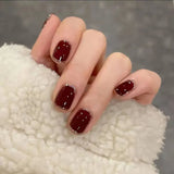 Flytonn- 24Pcs Shiny Short Square False Nail With Sticker Wine Red Classic French Artificial Fake Nails DIY Full Cover Tips Manicure Tool