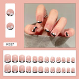 Flytonn- French Heart Fake Nails Art Nail Tips Press on False Nail Set Full Cover Artificial Short Square Head Fingernails 24pcs/pack