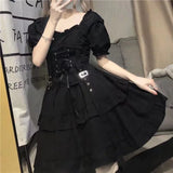 FLYTONN-Japanese Lolita Princess Black Sexy Bad Girl Mini Dress Woman Kawaii High Waist Puff Sleeve Lace Ruffles Party Y2k Streetwear