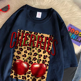 Flytonn-Cherries Cotton T Shirts Women Cherry Leopard Prints Oversized T-Shirts Casual O-Neck Short Sleeve Tops Summer Woman Clothes