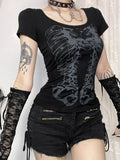 Flytonn-Halloween Outfits Halloween Gifts Gothic Style Punk Girls Club Hollow-out Summer Black Slim Skull Print T-Shirt Gothic Popular Visual Kei Sexy Cotton Tees Top