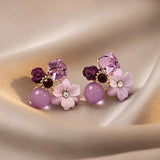 Flytonn-Purple Crystal Flower Stud Earrings for Woman Korean Fashion Jewelry Wedding Party Girl Elegance Set Accessories