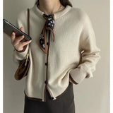 Flytonn-Bow-tie ribbon pure cashmere cardigan sweater early spring temperament round collar loose wool coat