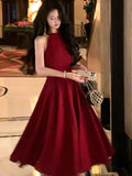 Flytonn-France Vintage Halter Evening Party Long Dresses for Women Solid Sleeveless A-line Princess Wedding Prom Robe New Spring Vestido