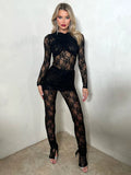 Flytonn Sexy Lace See Through Splice Jumpsuit Set Basics Solid Color Skinny Mini Skirt 2 Pices Set Summer Spicy Girl Set