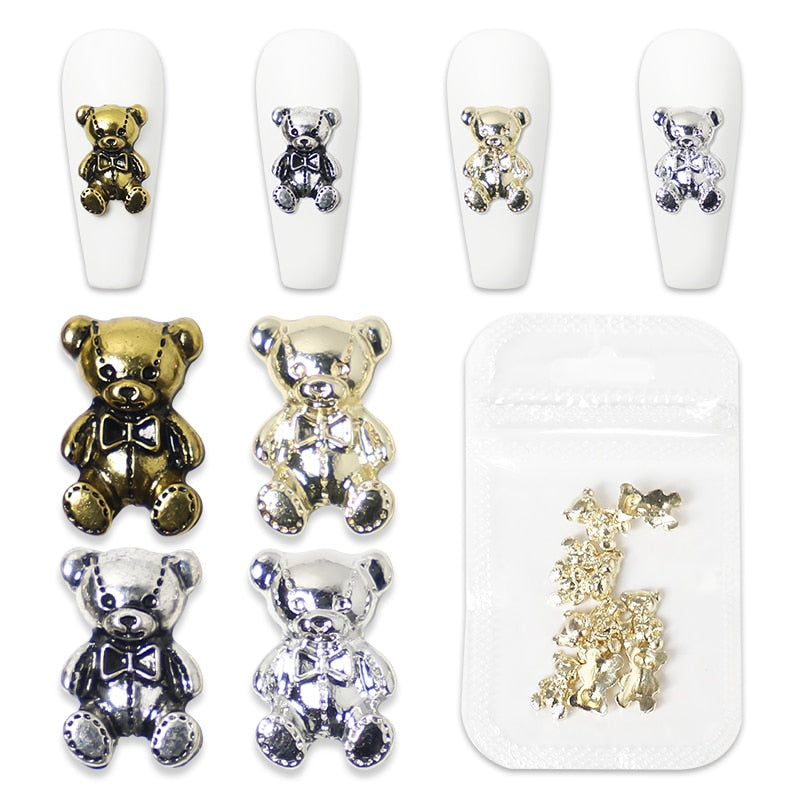 Flytonn 2pcs 3D Alloy Bear Nail Art Decoration Crystal Heart Gold Silver Metal Nails Charms Jewelry DIY Manicure Professional Accessory